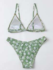 Bikini triangular con estampado floral para vacaciones de verano en la playa - Verde - Ver 2