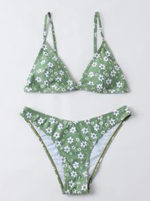 Bikini triangular con estampado floral para vacaciones de verano en la playa - Verde - Ver 5