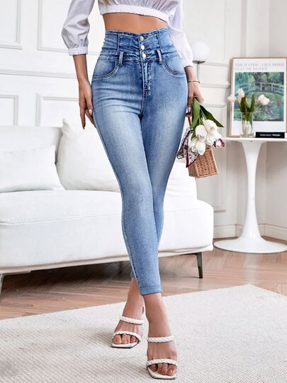 SHEIN Essnce High Waist Roll Up Hem Skinny Jeans