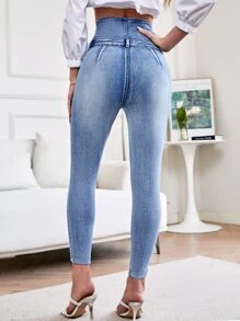 SHEIN Essnce 高腰卷邊緊身牛仔褲 - 淺色水洗藍 - 查看 2