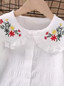 SHEIN Elladie kids Young Girl Floral Embroidery Peter Pan Collar Flounce Sleeve Blouse - White - View 4