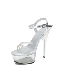 Sandalias glamorosas con correa en el tobillo para mujer, sandalias con tacón de aguja y plataforma con decoración de diamantes de imitación metálicos - Plateado - Ver 6