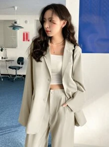 DAZY Bộ âu phục nữ Nút Túi màu trơn Thanh lịch - Màu be - Xem 3