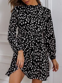 Almamuse Allover Print Frill Trim Lantern Sleeve Dress,Ladies Boho Button,Frill Long Sleeve Stand Collar Regular Fit Short Black And White Regular Sleeve All Over Print A Line Women Short Dresses,Spring/Fall,Casual Daily Wear - Black and White - View 3
