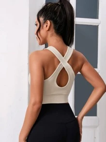 Solid Criss Cross Back Crop Sports Tank Top - Beige - View 2