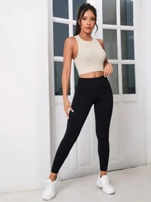 Solid Criss Cross Back Crop Sports Tank Top - Beige - View 4