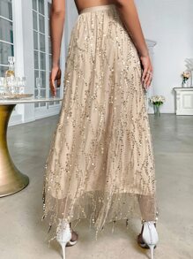 High Waist Contrast Sequin Split Thigh Mesh Skirt - Champagne - View 2