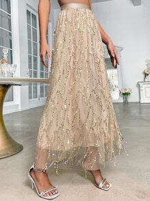 High Waist Contrast Sequin Split Thigh Mesh Skirt - Champagne - View 4