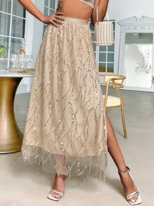 High Waist Contrast Sequin Split Thigh Mesh Skirt - Champagne - View 5