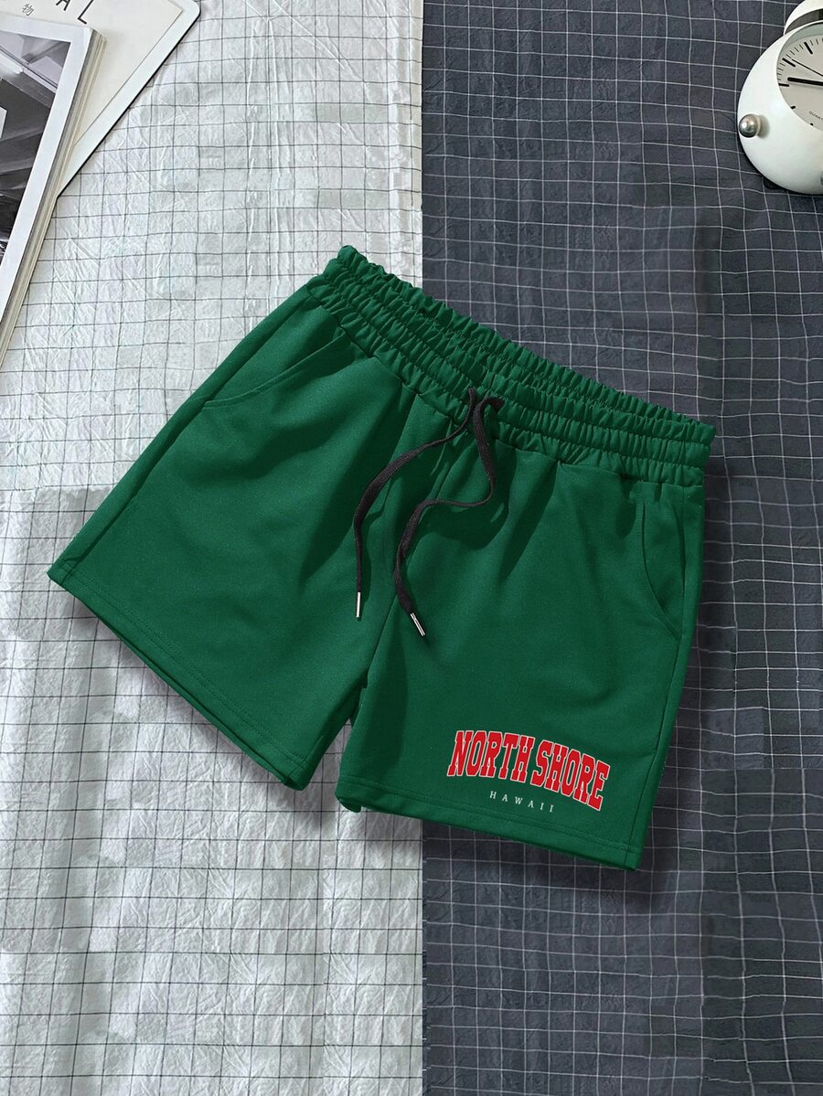 Manfinity Campus Court Aesthetic Post--Men Letter Graphic Drawstring Waist Shorts - Dark Green - View 1
