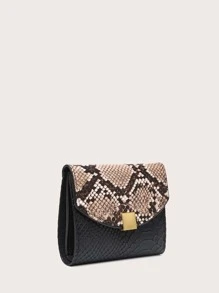 Metal Detail Snakeskin Fold Over Purse Credit Card Small Purse ID Window Bi-Fold Women Wallet Portable Money Cash White-Collar Workers For Female College Work Business Commute Office For Anniversary  For Birthday Gift On Valentine Day Gift - Black - View 2