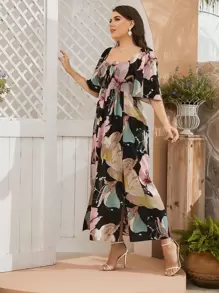 SHEIN Clasi 夏季加大花卉印花蝴蝶结前褶皱开叉大腿连衣裙 - 黑色 - 查看 3