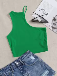 SHEIN EZwear Asymmetrical Neck Ribbed Knit Top - Green - View 1