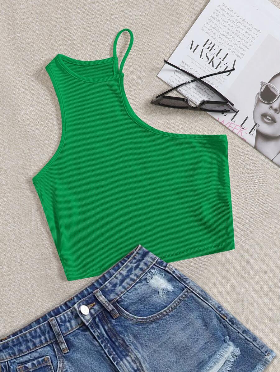 SHEIN EZwear Asymmetrical Neck Ribbed Knit Top - Green - View 1