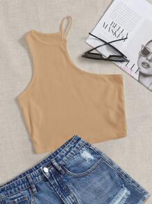 SHEIN EZwear Áo hai dây Bất đối xứng Gân đan màu trơn Gợi cảm - Lạc đà - Xem 1