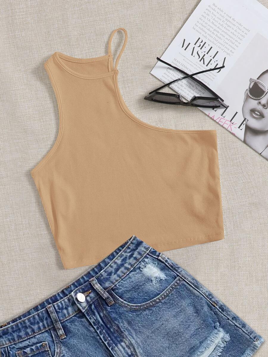 SHEIN EZwear Áo hai dây Bất đối xứng Gân đan màu trơn Gợi cảm - Lạc đà - Xem 1