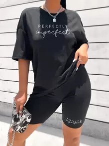 SHEIN LUNE 字母圖案落肩T恤和騎行褲 - 黑色 - 查看 1