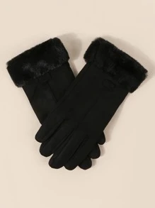 1pair Winter Warm Solid Color Plush Faux Suede Gloves, Simple Style With PU Leather Label, For Men And Women Couples, Daily Outdoor Warm - Black - View 2
