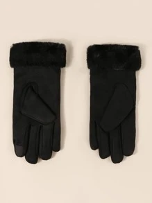 1pair Winter Warm Solid Color Plush Faux Suede Gloves, Simple Style With PU Leather Label, For Men And Women Couples, Daily Outdoor Warm - Black - View 3