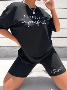 SHEIN LUNE 字母圖案落肩T恤和騎行褲 - 黑色 - 查看 3