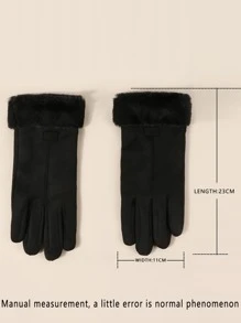 1pair Winter Warm Solid Color Plush Faux Suede Gloves, Simple Style With PU Leather Label, For Men And Women Couples, Daily Outdoor Warm - Black - View 4