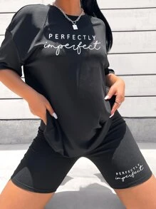 SHEIN LUNE 字母圖案落肩T恤和騎行褲 - 黑色 - 查看 4