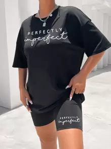 SHEIN LUNE 字母圖案落肩T恤和騎行褲 - 黑色 - 查看 5