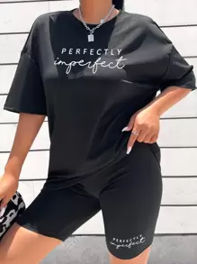 SHEIN LUNE 字母圖案落肩T恤和騎行褲 - 黑色 - 查看 6