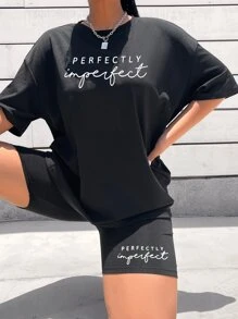 SHEIN LUNE 字母圖案落肩T恤和騎行褲 - 黑色 - 查看 7