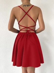 Chiquease Lace Up Backless Cami Dress - Burgundy - View 2