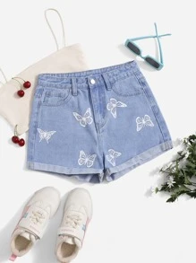 SHEIN Bé Gái Quần Shorts Denim Nút Túi Dây kéo Loại bướm - Rửa nhẹ - Xem 1