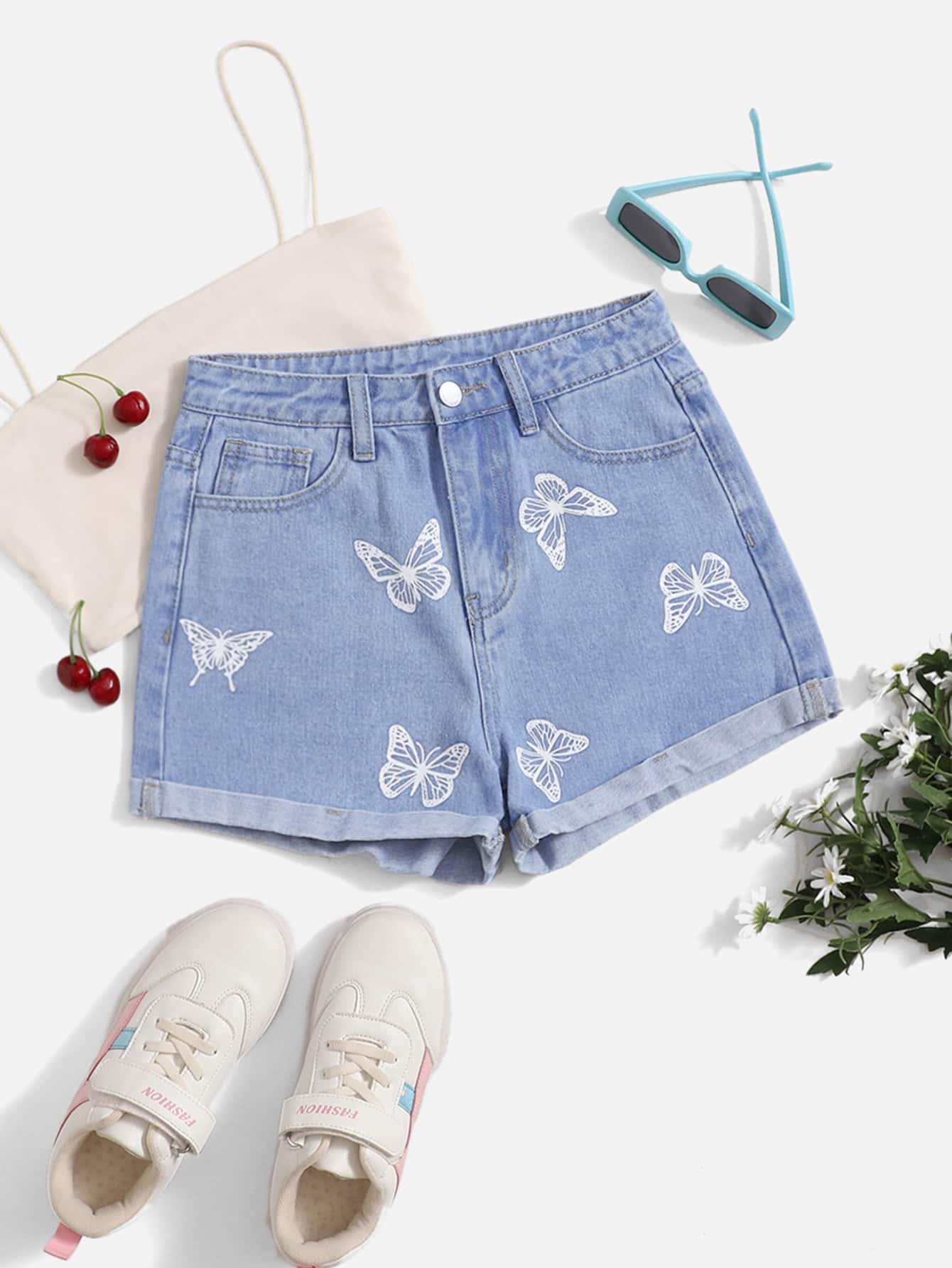 SHEIN Bé Gái Quần Shorts Denim Nút Túi Dây kéo Loại bướm - Rửa nhẹ - Xem 1