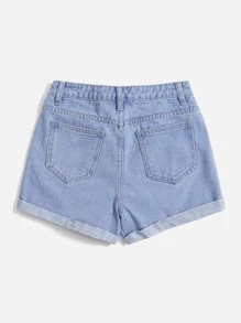 SHEIN Bé Gái Quần Shorts Denim Nút Túi Dây kéo Loại bướm - Rửa nhẹ - Xem 2