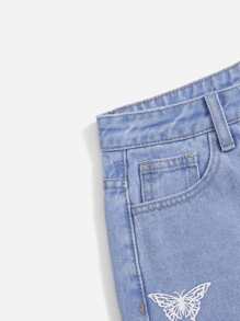 SHEIN Bé Gái Quần Shorts Denim Nút Túi Dây kéo Loại bướm - Rửa nhẹ - Xem 3