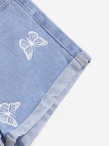 SHEIN Bé Gái Quần Shorts Denim Nút Túi Dây kéo Loại bướm - Rửa nhẹ - Xem 4