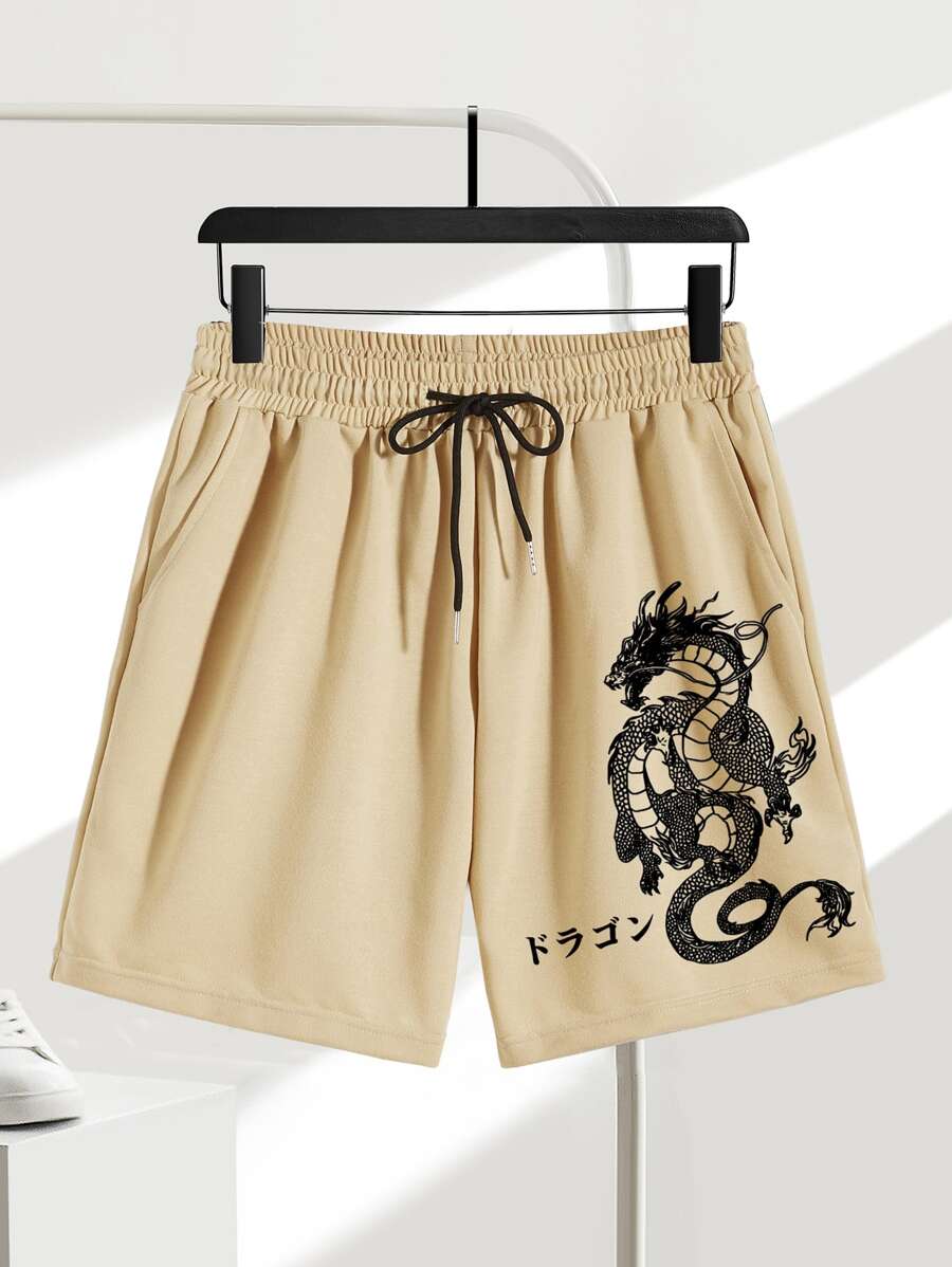 Manfinity Roghcode 鬆身男款龍紋和字母印花束口短褲