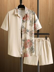 Manfinity Men Floral Print Shirt & Drawstring Waist Shorts Without Tee - Multicolor - View 1