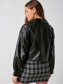 SHEIN EZwear Button Front PU Leather Jacket - Black - View 2