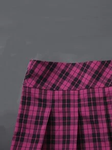 ROMWE PUNK 低腰蘇格蘭格紋帶扣細節下擺開叉百褶半身裙 - 彩色 - 查看 5
