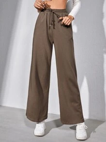 SHEIN BASICS Terry Fleece束腰拉繩斜插口寬褲