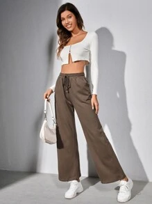 SHEIN BASICS Terry Fleece束腰拉繩斜插口寬褲