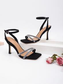 Women Rhinestone Decor Stiletto Heeled Ankle Strap Sandals, Glamorous Banquet Heeled Sandals Valentines,Summer Outfits - Black - View 1