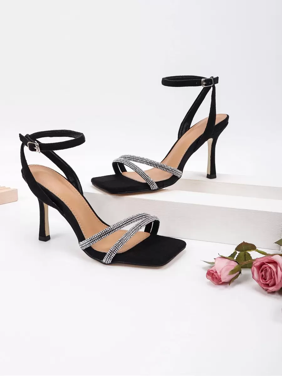 Women Rhinestone Decor Stiletto Heeled Ankle Strap Sandals, Glamorous Banquet Heeled Sandals Valentines,Summer Outfits - Black - View 1