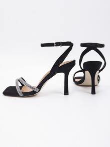 Women Rhinestone Decor Stiletto Heeled Ankle Strap Sandals, Glamorous Banquet Heeled Sandals Valentines,Summer Outfits - Black - View 2