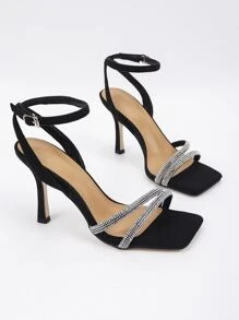 Women Rhinestone Decor Stiletto Heeled Ankle Strap Sandals, Glamorous Banquet Heeled Sandals Valentines,Summer Outfits - Black - View 3