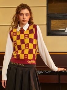HARRY POTTER X SHEIN Áo len nữ vest Lá thư Sọc ca rô Giải trí - Nhiều màu - Xem 3