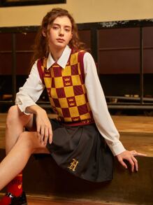 HARRY POTTER X SHEIN Áo len nữ vest Lá thư Sọc ca rô Giải trí - Nhiều màu - Xem 1