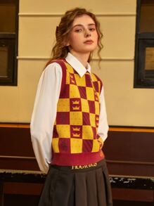 HARRY POTTER X SHEIN Áo len nữ vest Lá thư Sọc ca rô Giải trí - Nhiều màu - Xem 5