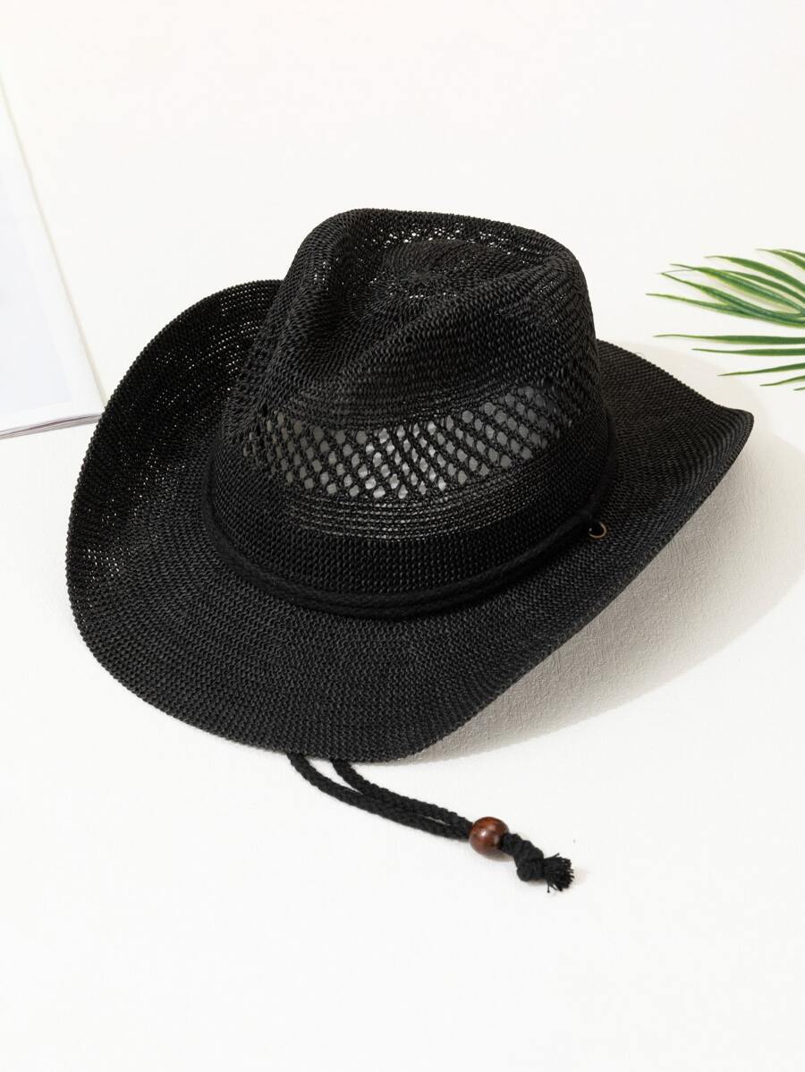 鏤空草編帽 - 黑色 - 查看 1