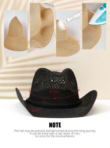 鏤空草編帽 - 黑色 - 查看 4